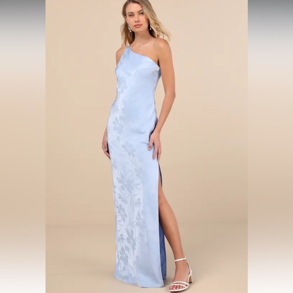 Lulus Nadra Light Blue Satin Jacquard One-Shoulder Maxi Dress